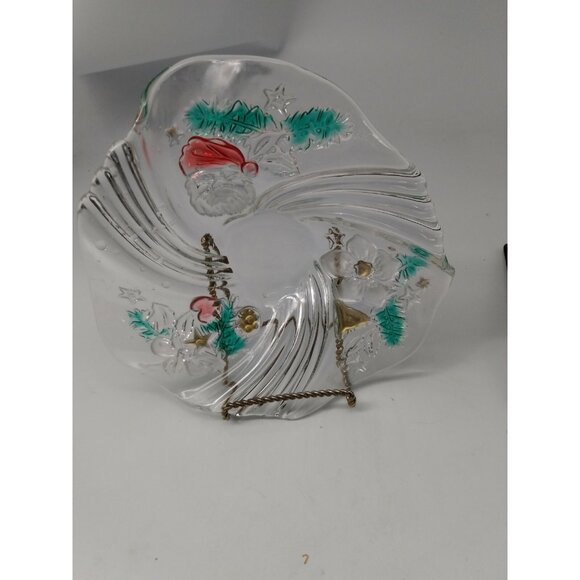 Clear Glass Christmas Candy Bowl/Platter with etched Santa & Florals 9" Diameter - Picture 2 of 11